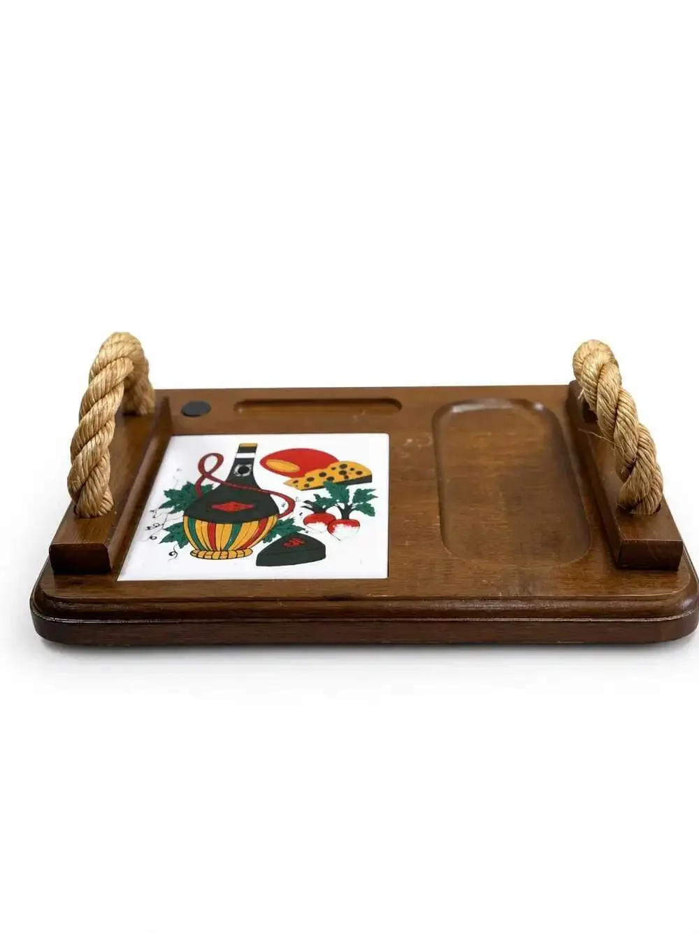 Vintage Wood Wine and Cheese Serving Board, Painted Tile Insert, Rope Handles